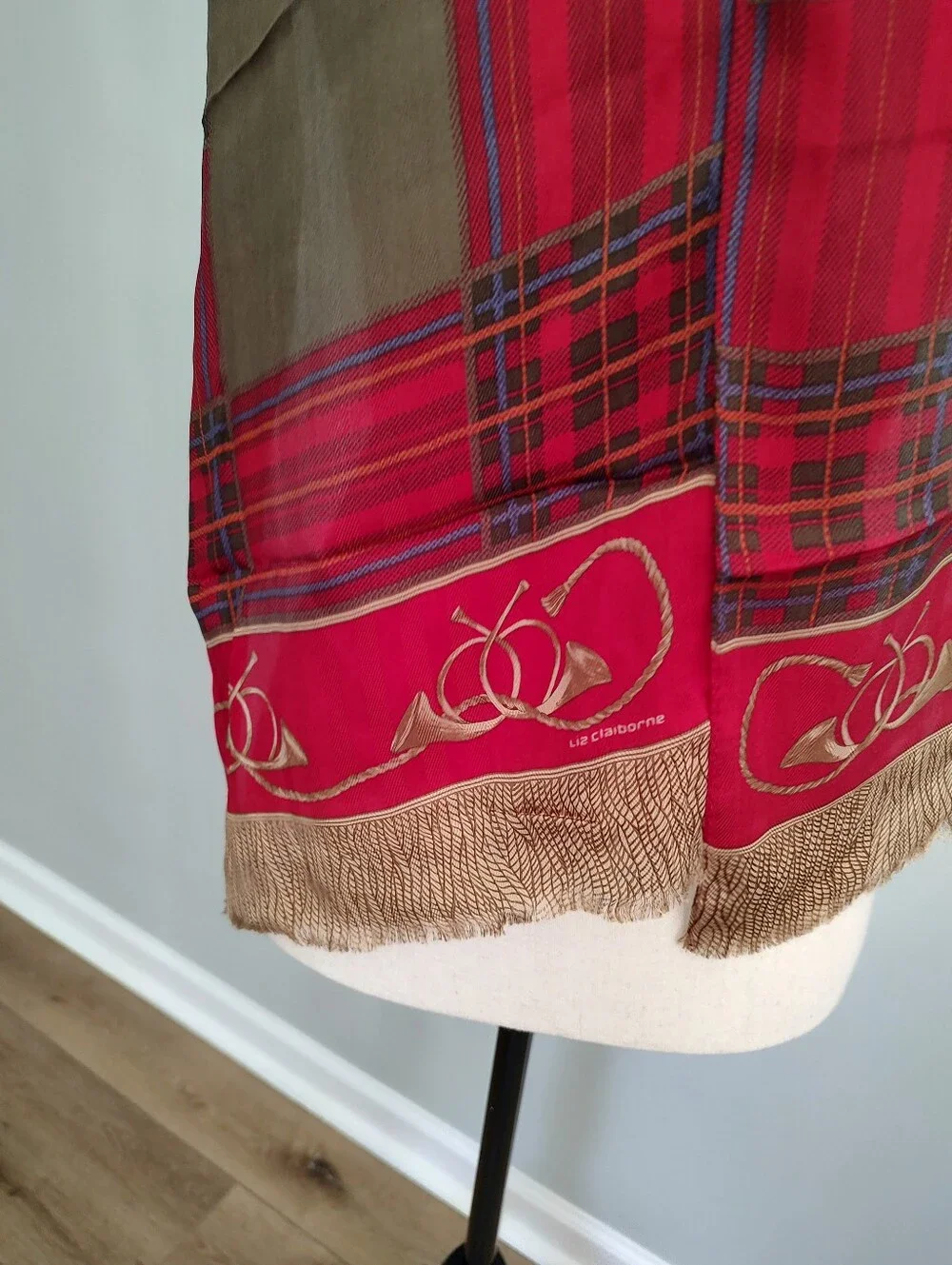Vintage Liz Claiborne Japanese Silk Stole Scarf Equestrian Hunt Red Gold Horns